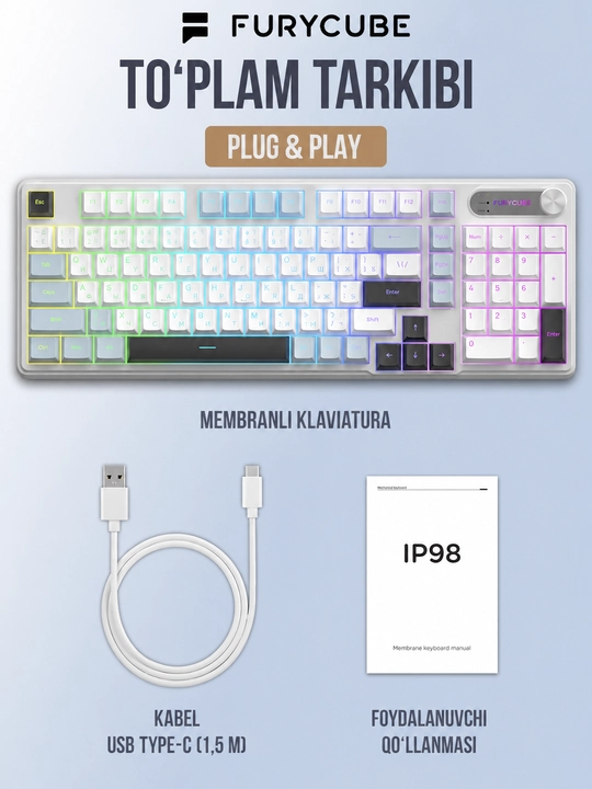 FURYCUBE IP98 o‘yin klaviaturasi RU/EN klaviaturasi, 98 ta tugma
