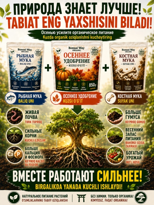 Bonsai Way Organic kuzgi organik granulali o'g'it bog' va sabzavot ekinlari uchun