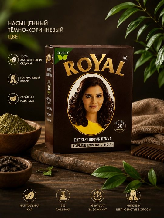 Royal Darkest Brown Henna - Xinadan tayyorlangan to‘q jigarrang soch bo‘yog‘i, 7 dona - 
