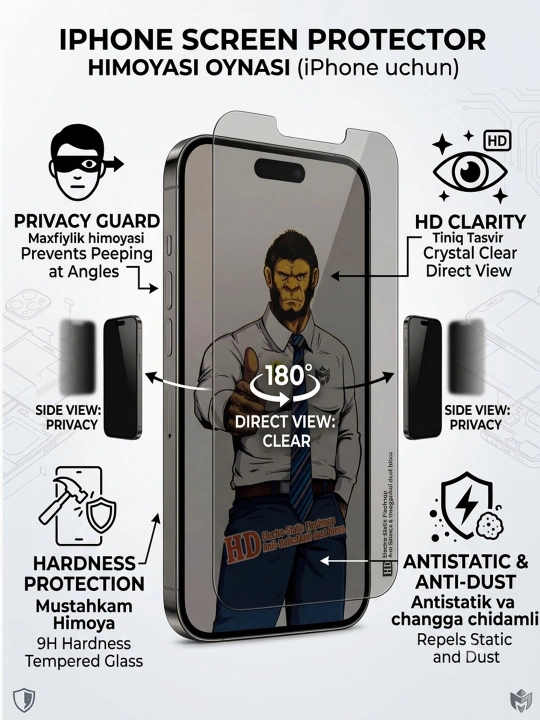 Защитное стекло для экрана iPhone 16 PRO MAX, 16 PRO, 15 PRO MAX, 15 PRO 14/13 - 