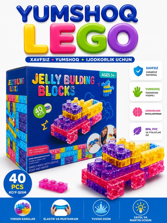 Jelly Building Block yumshoq va egiluvchan konstruktor, yumshoq lego, antistress o'yinchoq - 