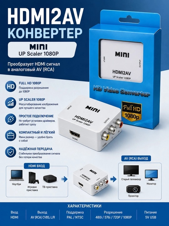 HDMI2AV Mini — Конвертер HDMI в AV (RCA) - 