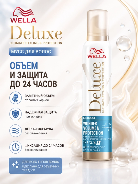 Wella Deluxe Мусс для волос Wonder volume & protection, 200 мл - 