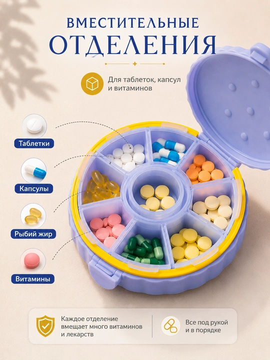 Таблетница органайзер контейнер неделька для хранения таблеток утро, день и вечер 7 дней