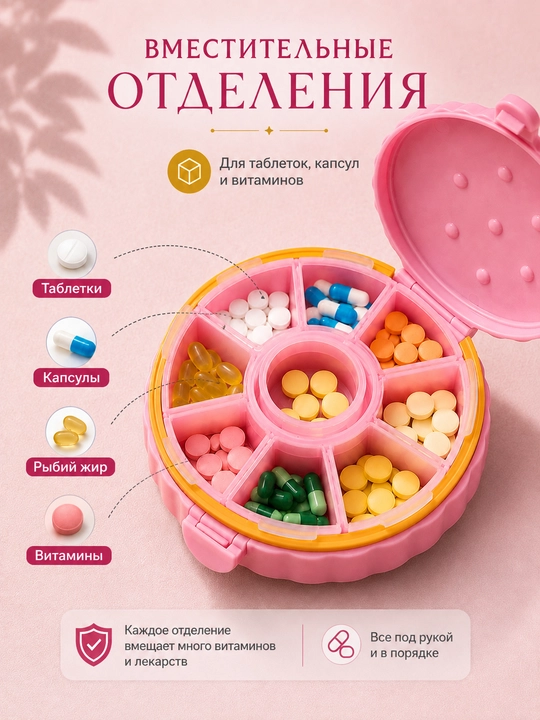 Таблетница органайзер контейнер неделька для хранения таблеток утро, день и вечер 7 дней