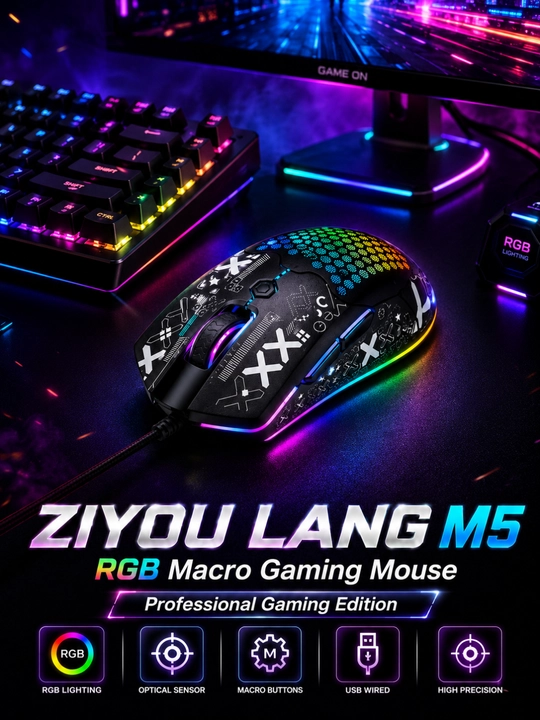 Ziyou lang m5 rgb macro gaming mouse, simli usb gaming sichqoncha