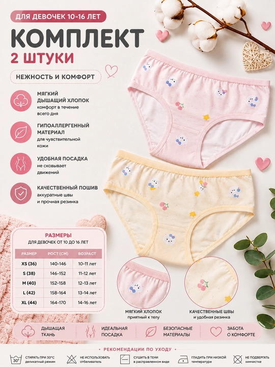 Qizlar uchun paxtali trusiklar 2 dona | Yumshoq, qulay, nafas oluvchi | 10–16 yosh - 
