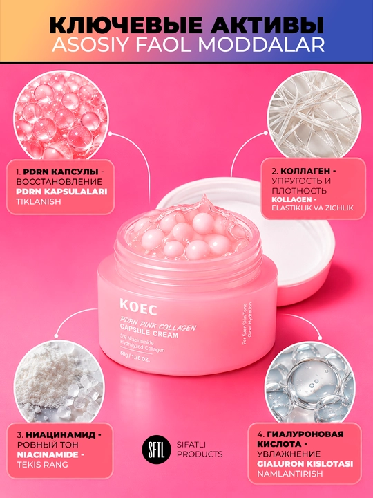 Крем KOEC PDRN Pink Collagen Capsule Cream, ниацинамид, коллаген, 50 г