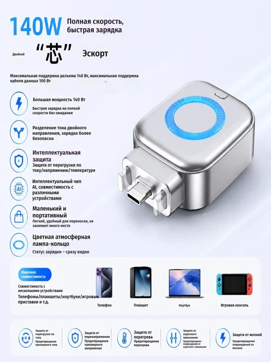 Type-C zaryadlash himoyasi 140W, avtomatik tok uzgich, USB PD tezkor zaryadlash adapteri