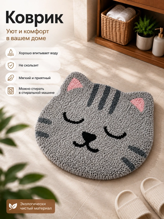 Мягкий коврик для ванной с котиком и единорогом, нескользящий коврик