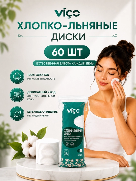 Хлопко-льняные ватные диски VIÇO 100 - 60 шт. Мягкий уход и бережное очищение