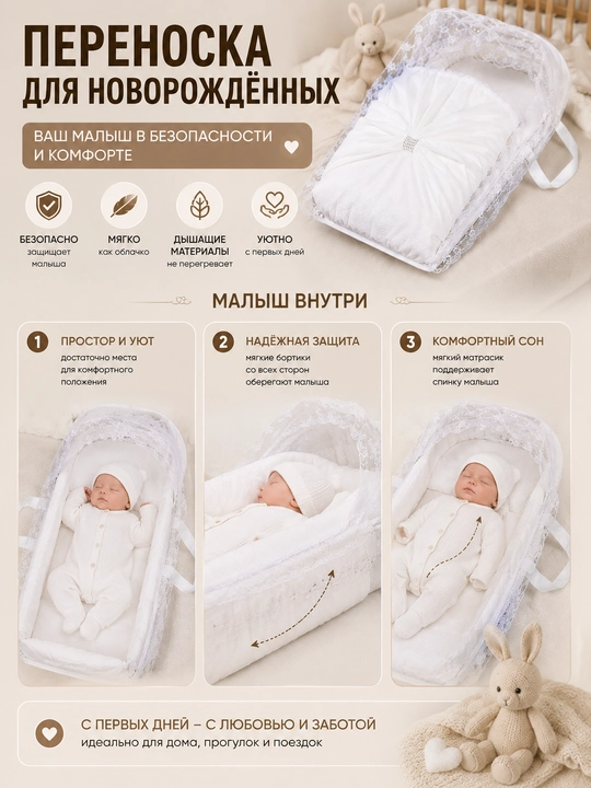 Yangi tug‘ilgan chaqaloqlar uchun Baby Nest ko‘chma beshik, to‘rli bezakli yumshoq kokon