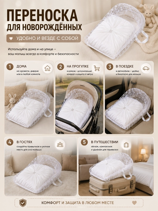 Yangi tug‘ilgan chaqaloqlar uchun Baby Nest ko‘chma beshik, to‘rli bezakli yumshoq kokon