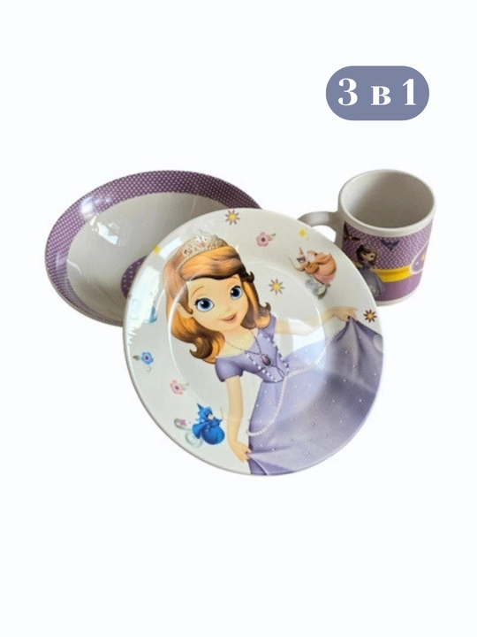 Disney qahramonlari tushirilgan bolalar idish-tovoq to‘plami, 3 ta 1 da - 