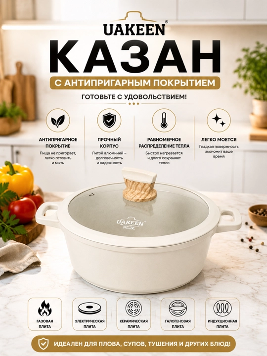 Казан UAKEEN с гранитным покрытием, стеклянной крышкой, антипригарный - 
