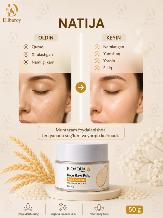 Bioaqua guruch ekstraktli yuz uchun krem, namlantiruvchi krem, 50 g