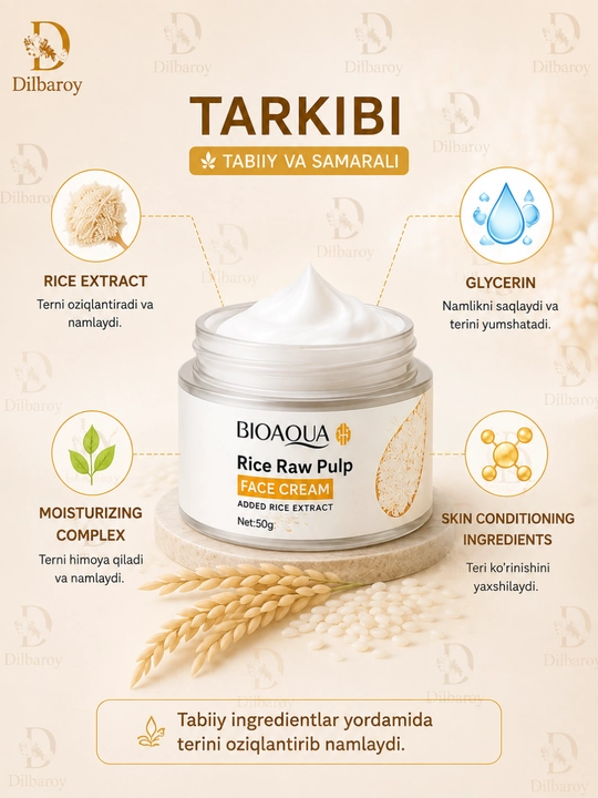 Bioaqua guruch ekstraktli yuz uchun krem, namlantiruvchi krem, 50 g