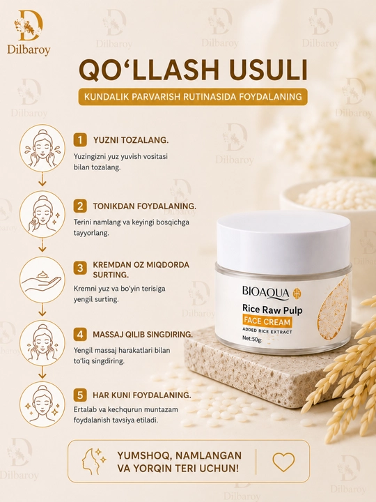 Bioaqua guruch ekstraktli yuz uchun krem, namlantiruvchi krem, 50 g