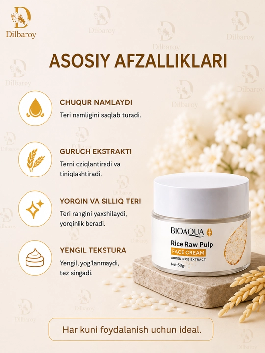 Bioaqua guruch ekstraktli yuz uchun krem, namlantiruvchi krem, 50 g