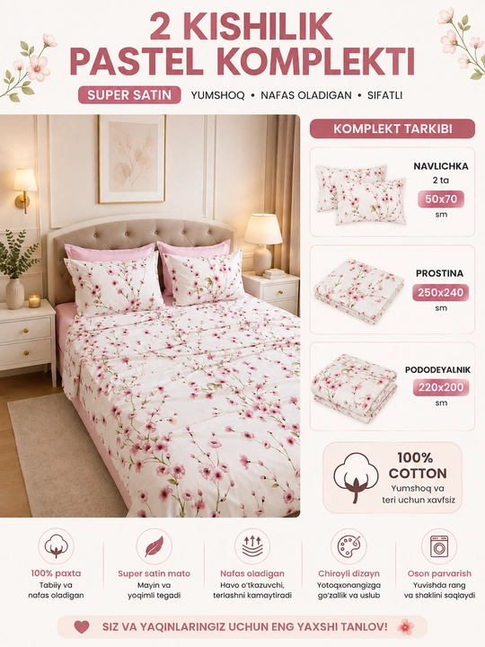 2 kishilik Super Satin pastel komplekti — gulli choyshab to‘plam