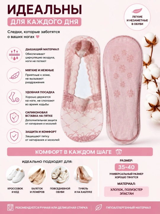 Женские следки-невидимки, с кружевом и силиконовой фиксацией - 