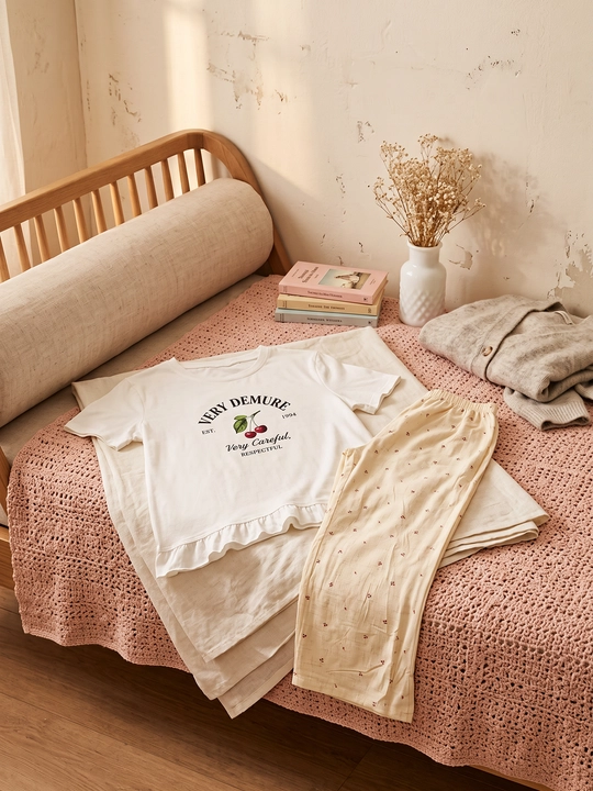 Ayollar uchun uy kiyimi va pijama to'plami "Very Demure", futbolka va shim