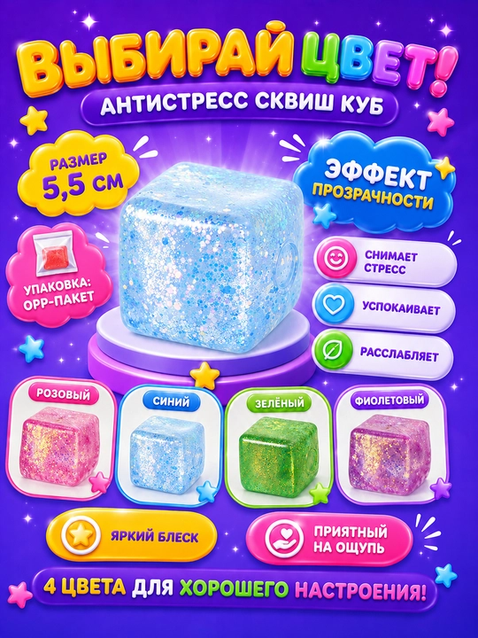 Игрушка-антистресс сквиш-куб с блестками 5,5 см, прозрачная мягкая мялка для рук