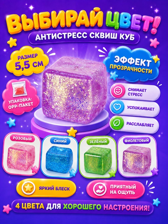 Игрушка-антистресс сквиш-куб с блестками 5,5 см, прозрачная мягкая мялка для рук