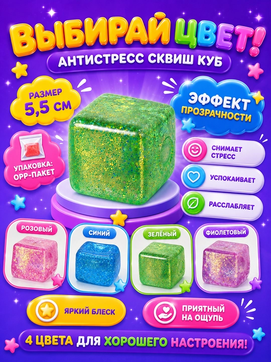 Игрушка-антистресс сквиш-куб с блестками 5,5 см, прозрачная мягкая мялка для рук