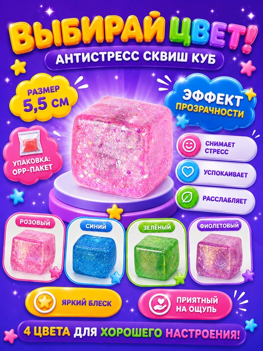 Игрушка-антистресс сквиш-куб с блестками 5,5 см, прозрачная мягкая мялка для рук