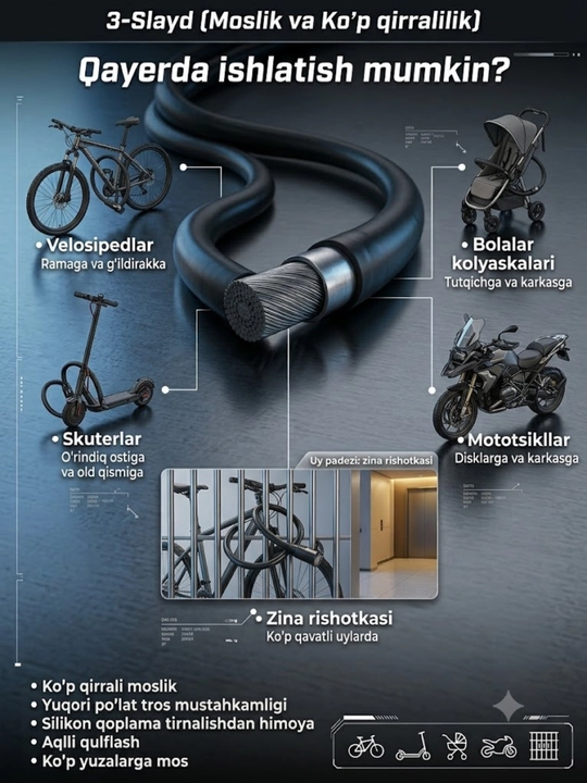 Velosiped va samokat uchun arqonli velosiped qulfi, 65 sm, 8 mm, 2 ta kalitli