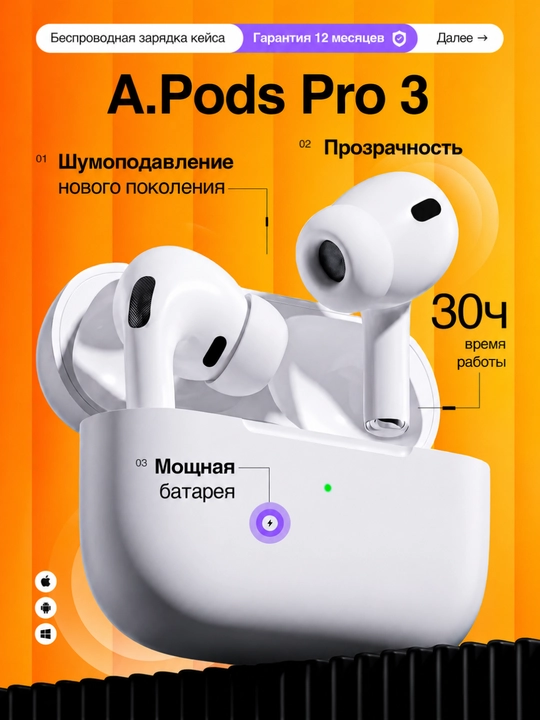 Беспроводные наушники Pods Pro 3 ANC, Bluetooth для iPhone и Android - 