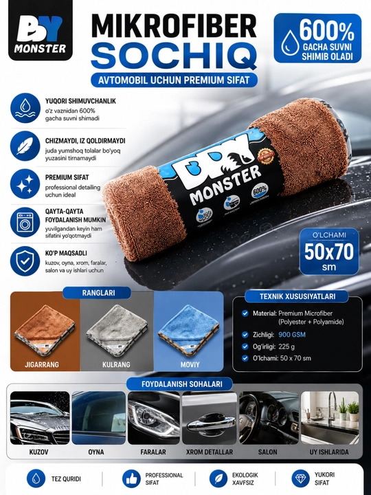 BP Monster Premium mikrofiber avtomobil quritish sochiq 50×70 sm, 900 GSM, 225 g - 