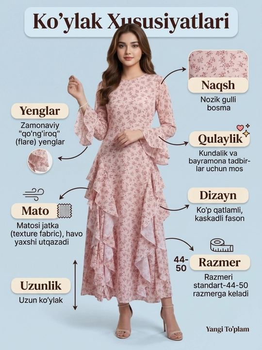 Qizlar uchun gulli uzun ko'ylak, yozgi  kuylak, uzun yengli