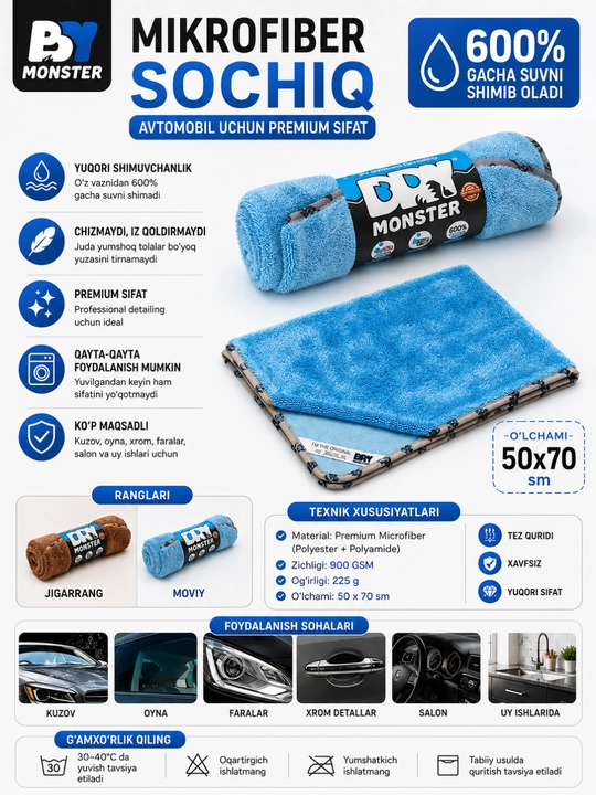 BP Monster Premium mikrofiber avtomobil quritish sochiq 50×70 sm, 900 GSM, 225 g - 