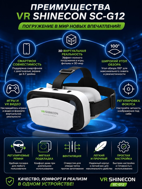 VR SHINECON SC-G12 VR очки – 3D виртуальная реальность, угол обзора 100° - 