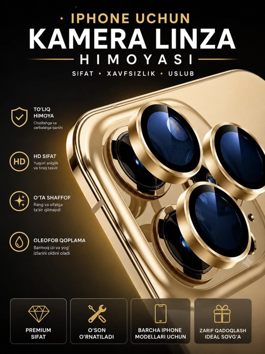 Kamera uchun himoya oyna iPhone 13 Pro, 11, 12, 14, 15, 16, 17 Pro/Pro Max g`ilof - 