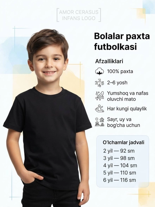 Amor Cerasus Infans bolalar trikotaj futbolkasi, 100% paxta, oʻgʻil bolalar uchun 2–6 yosh