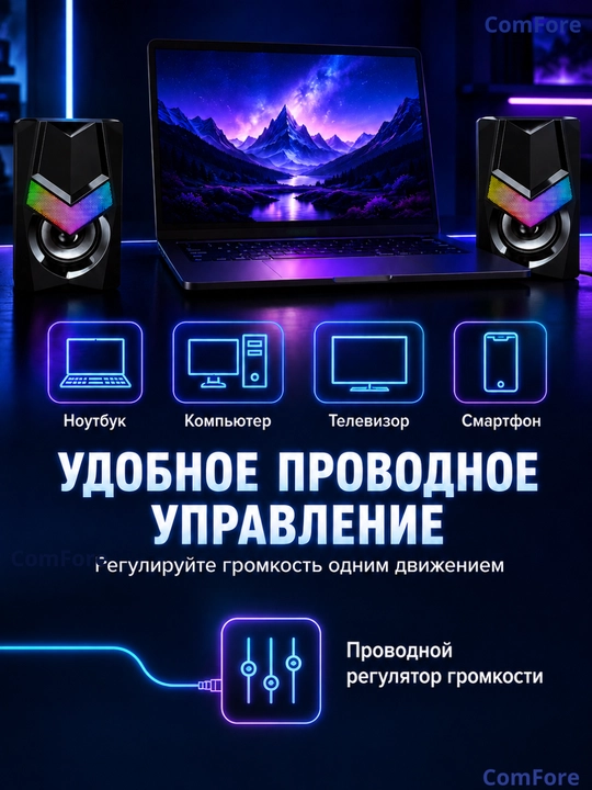 Колонки для компьютера, для ноутбука, для телевизора, USB, разъём 3,5 мм, с RGB подсветкой