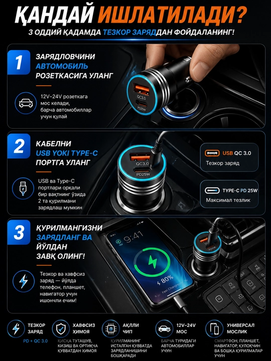 Автомобильное зарядное устройство 45W USB + Type-C, PD 25W + QC 3.0