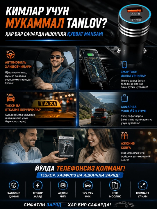 45W автомобиль зарядлагичи USB + Type-C, PD 25W + QC 3.0, тезкор зарядлаш