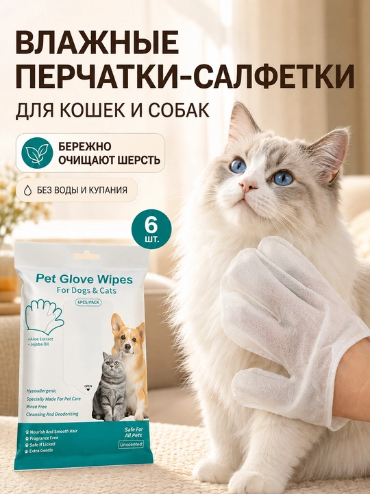 Перчатки-салфетки Kimpets для ухода и очищения кошек/собак, 6 шт