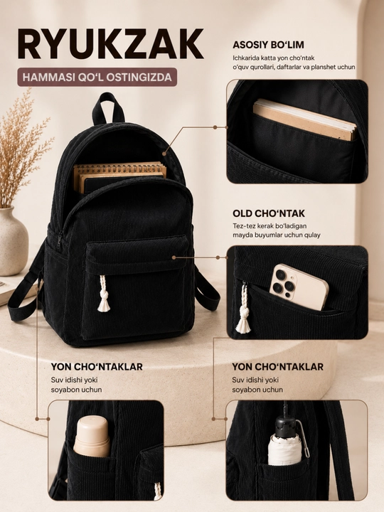 Maktab ryukzagi, velvet, ayollar, erkaklar, bolalar uchun popka, maktab sumkasi