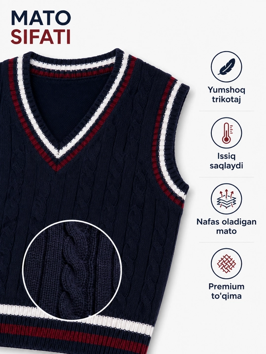 Qiz bolalar uchun trikotaj nimcha, V-yoqali, maktab uchun