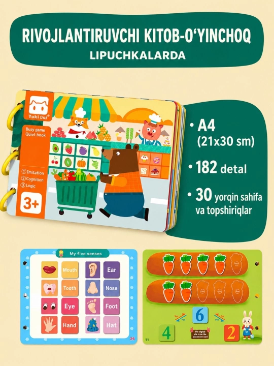 Bolalar uchun rivojlantiruvchi busy book, 3+ yoshdagi bolalar uchun lipuchkali kitobcha - 
