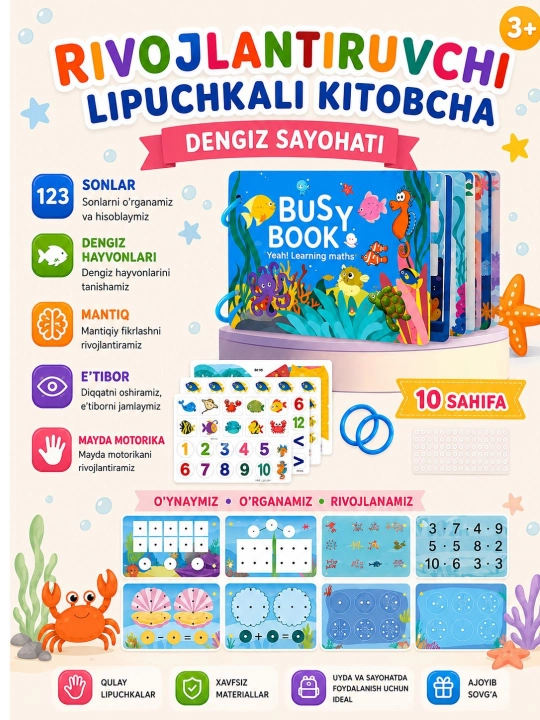 Bolalar uchun rivojlantiruvchi busy book, 3+ yoshdagi bolalar uchun lipuchkali kitobcha - 