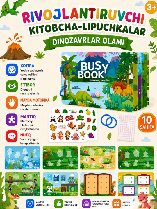 Bolalar uchun rivojlantiruvchi busy book, 3+ yoshdagi bolalar uchun lipuchkali kitobcha - 