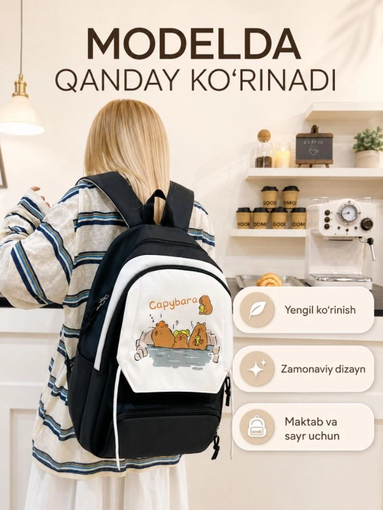 Maktab ryukzagi to‘plami, sumka, hamyon va qalamdon bilan