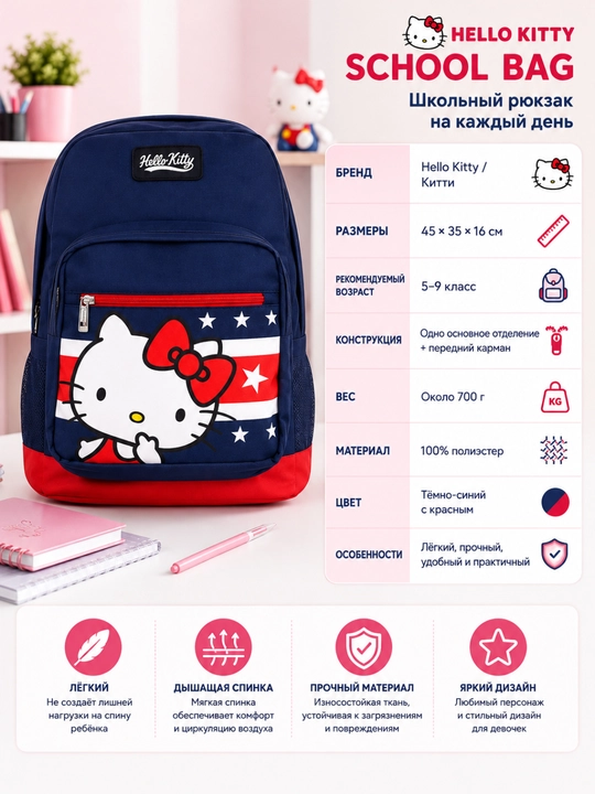 Qizlar uchun HELLO KITTY maktab ryukzaki, haqiqiy rasmlar tavsifda