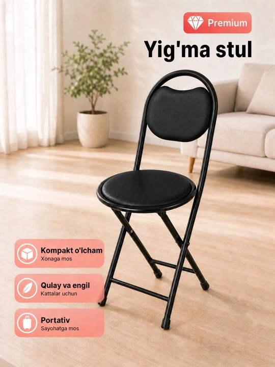 Uy, oshxona, ofis va dala hovli uchun mo‘ljallangan, 100 kg gacha og‘irlikdagi, yumshoq o‘rindiqli yig‘ma metall stul